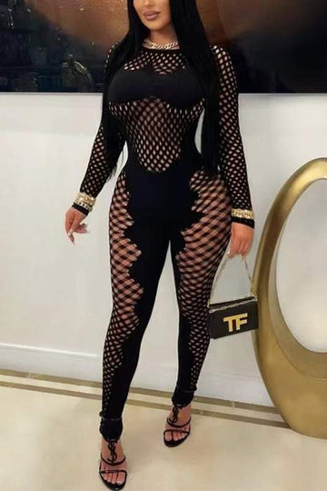 SEXY ROUND NECK LONG SLEEVE SHEER MESH JUMPSUIT