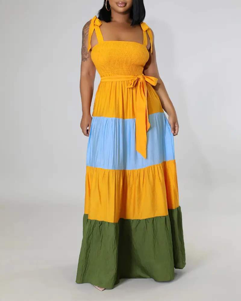 COLORBLOCK TIED DETAIL SHIRRED BELTED MAXI DRESS