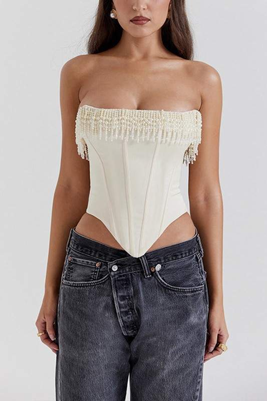 STRAPLESS TASSEL CROP TOP