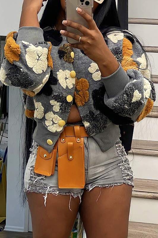 RETRO SOLID FLOWERS CARDIGAN COAT JACKET